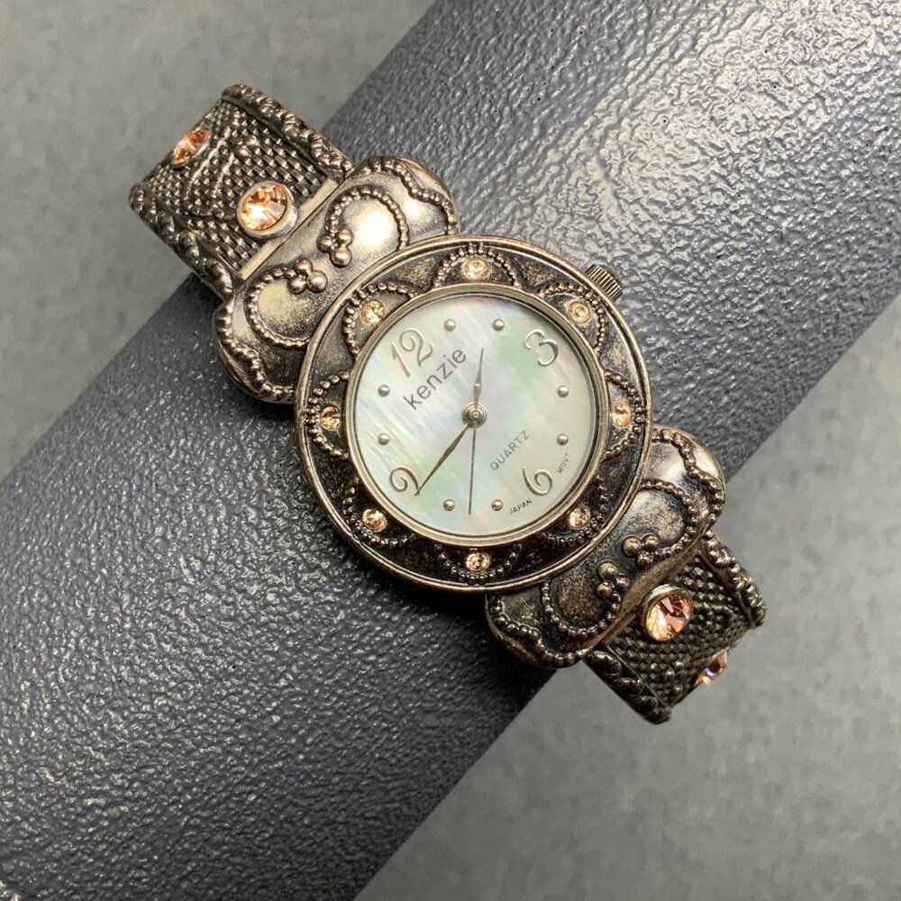 Kenzia Silver Quartz Watch As Is Peach Rhinestones MOP Face Hinged Retro Vintage